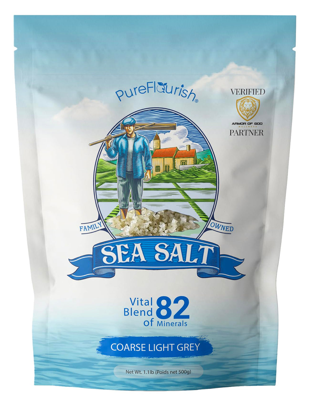 Pure Flourish coarse sea salt packaging — eco-friendly design for mindful cooking