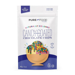 Pure Food by Estée rainbow chips in packaging with natural dyes and allergen info