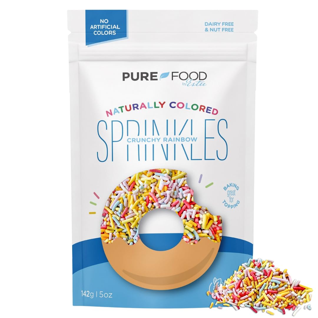 Pure Food by Estée rainbow sprinkles in a jar for dessert decorating.