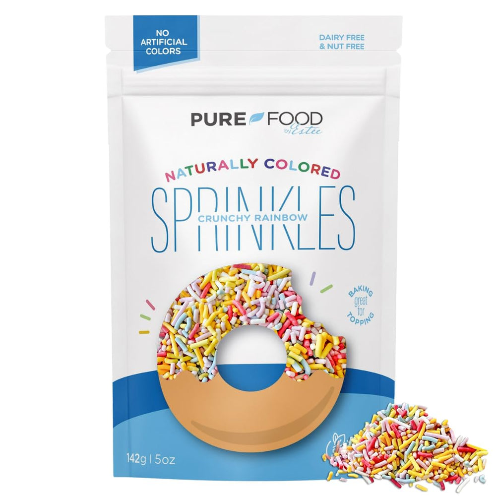 Pure Food by Estée rainbow sprinkles in a jar for dessert decorating.