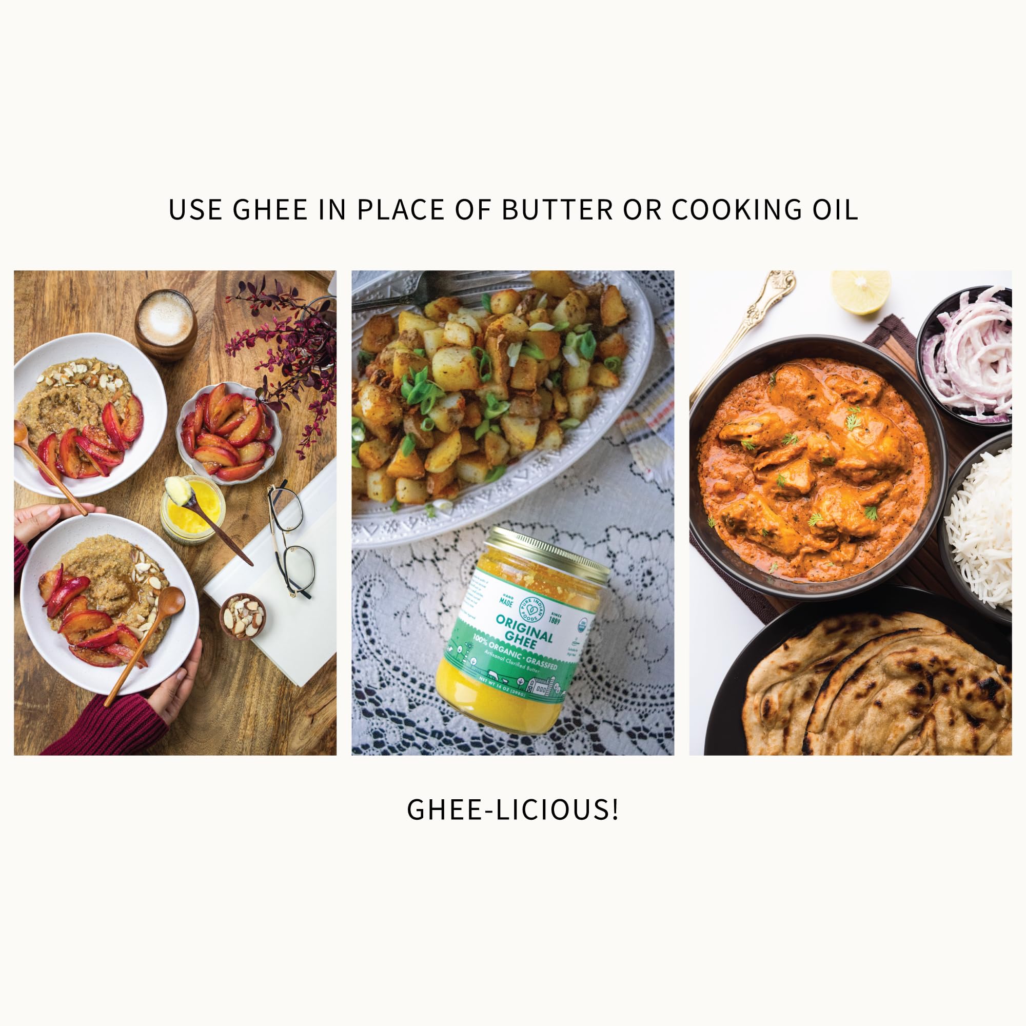 Pure Indian Foods ghee farm-fresh milk origin signals small-batch care.