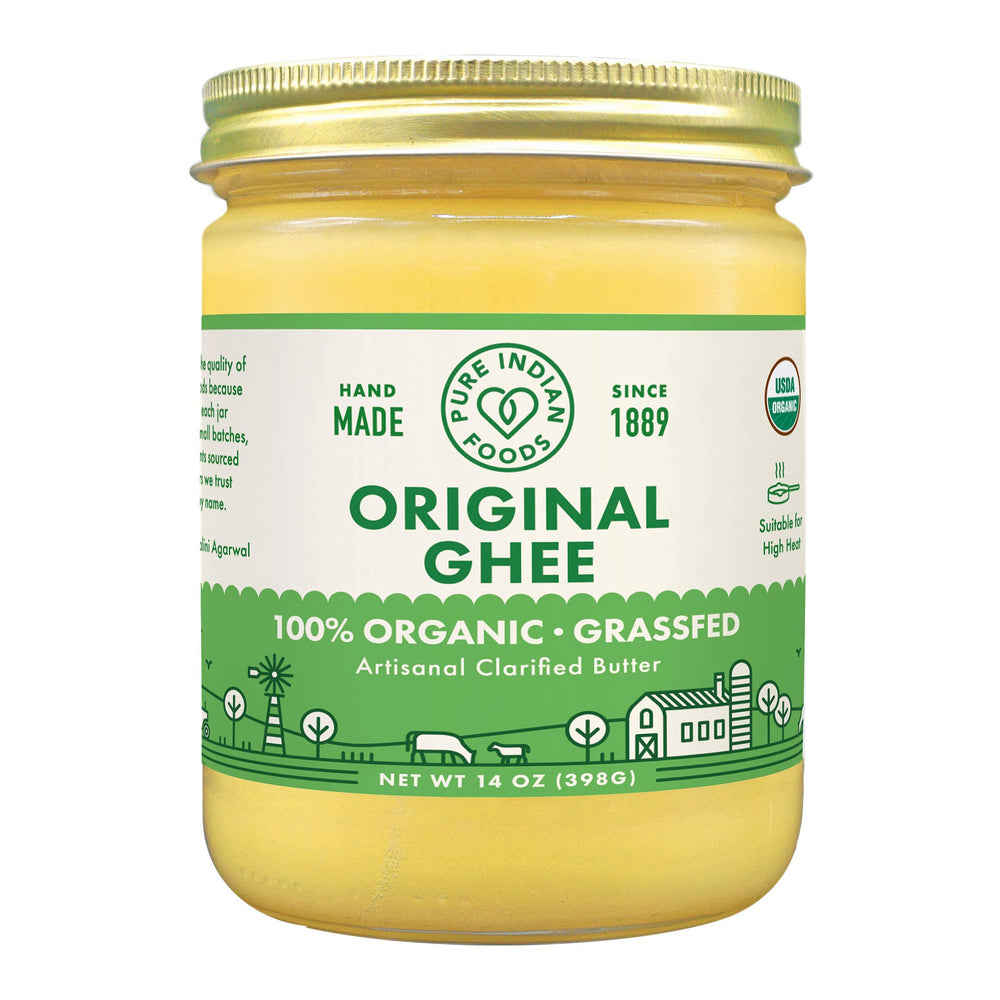 Pure Indian Foods ghee glass jar highlights premium flavor for everyday cooking.