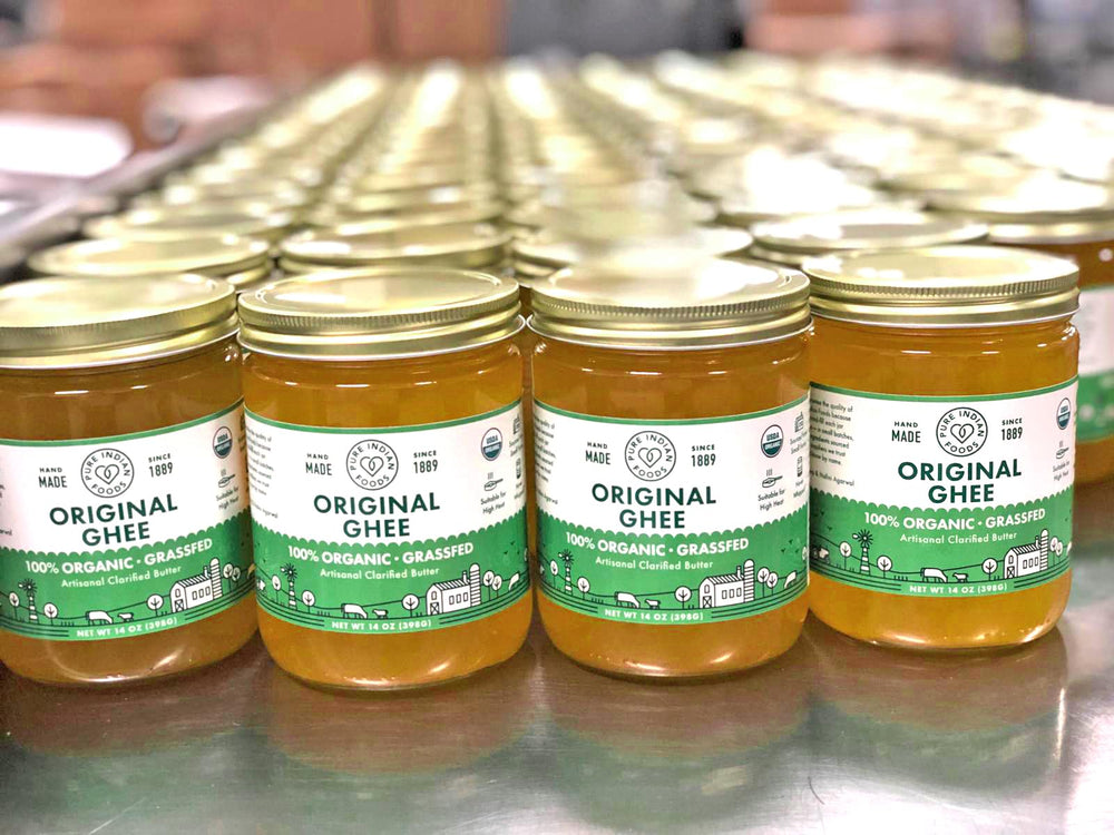 Pure Indian Foods ghee ingredients list emphasizes clarified butter without dairy proteins.