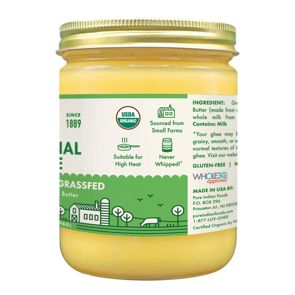 Pure Indian Foods ghee label on jar highlights organic certification and Whole30 history.