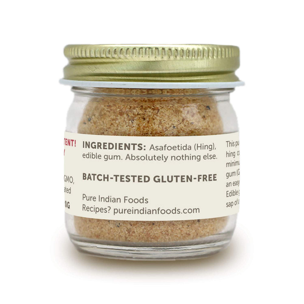 PURE INDIAN FOODS Hing glass bottle ready for easy spice use.