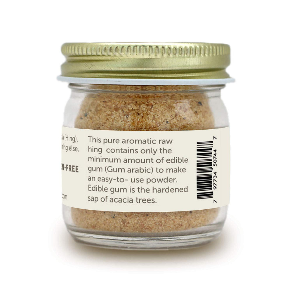 Hing label detail highlights gluten-free, pure asafoetida.