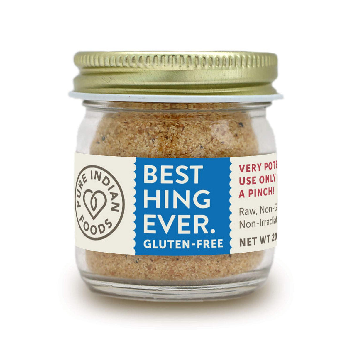 PURE INDIAN FOODS Hing powder in a jar adds warm, onion-free aroma.