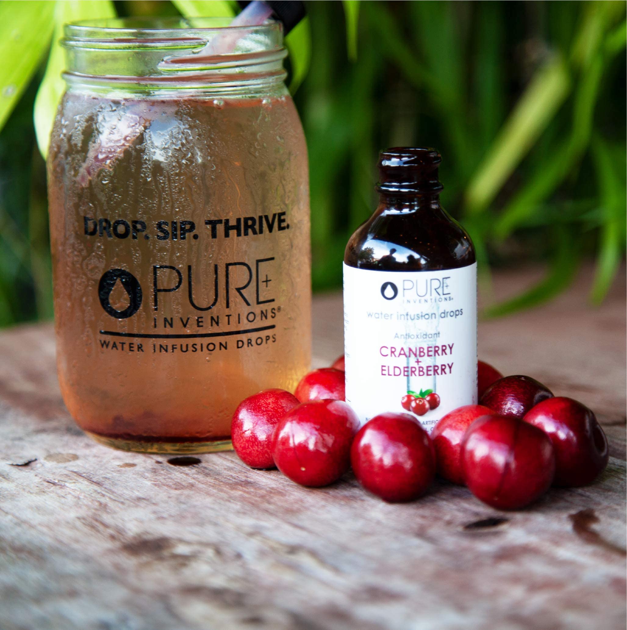 Pure Inventions Water Infusion Drops cranberry-elderberry close-up reveals bright flavor notes