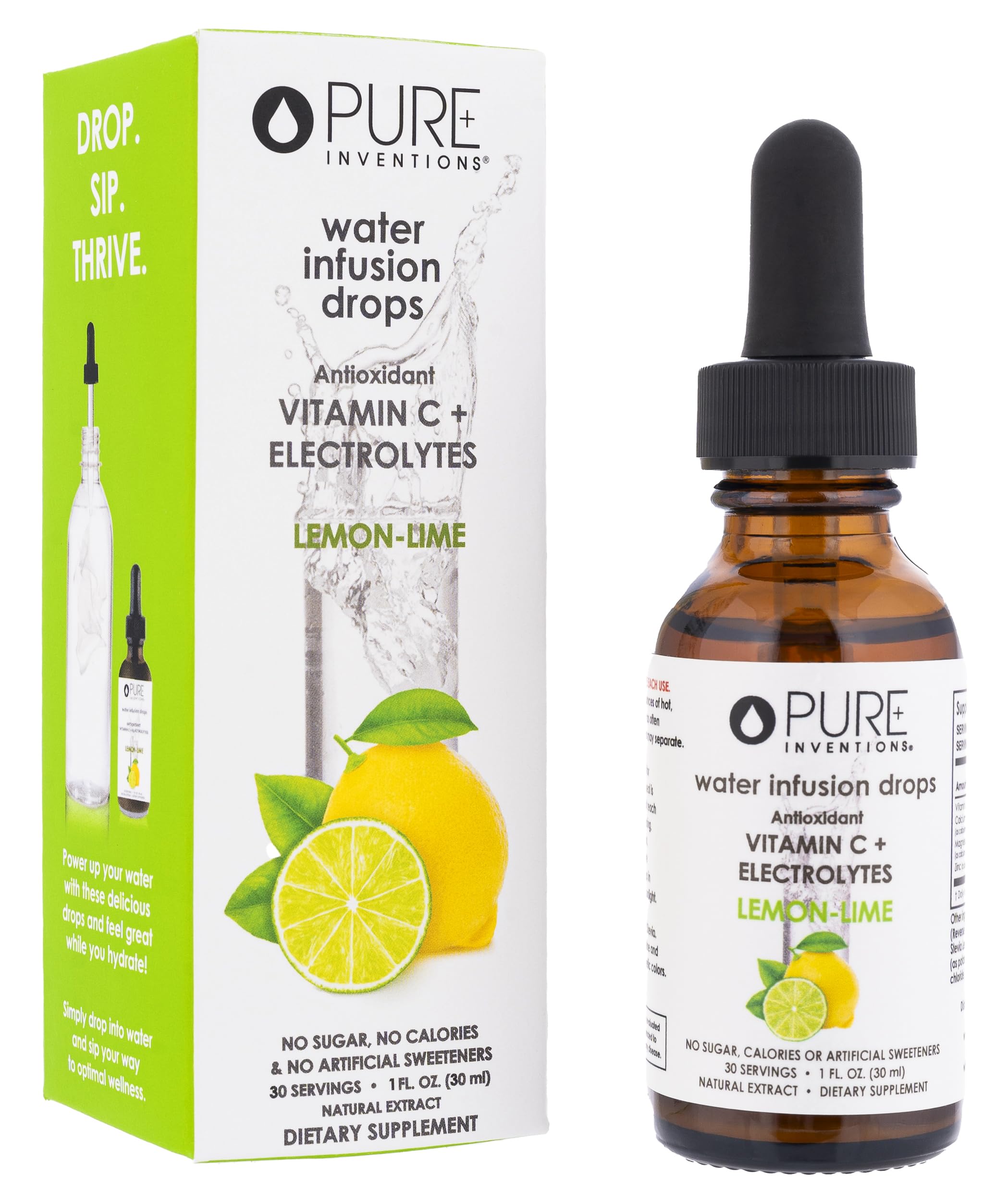 Pure Inventions Water Infusion Drops Lemon Lime bottle for refreshing daily hydration.