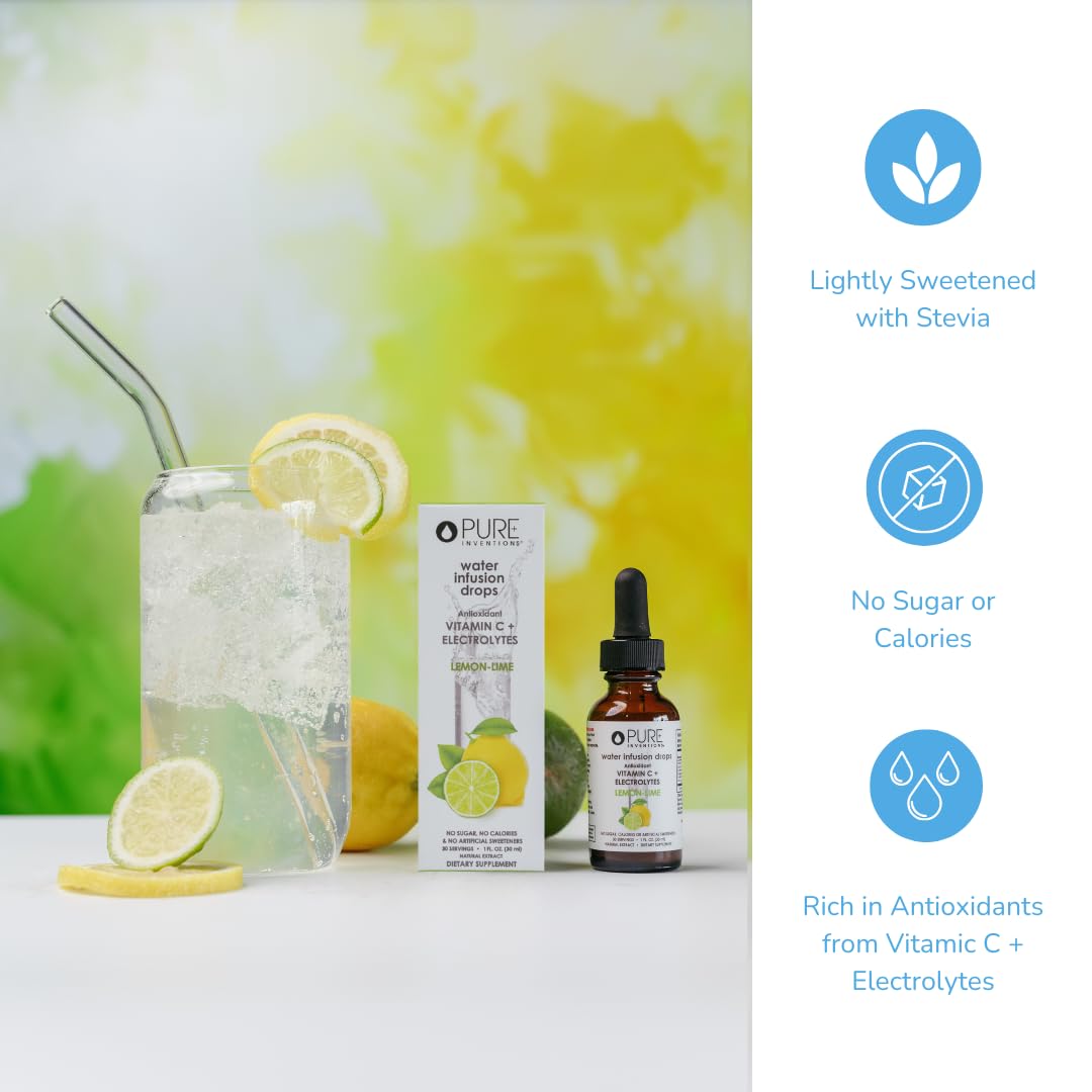 Pure Inventions Water Infusion Drops Lemon Lime poured for a flavorful electrolyte boost.