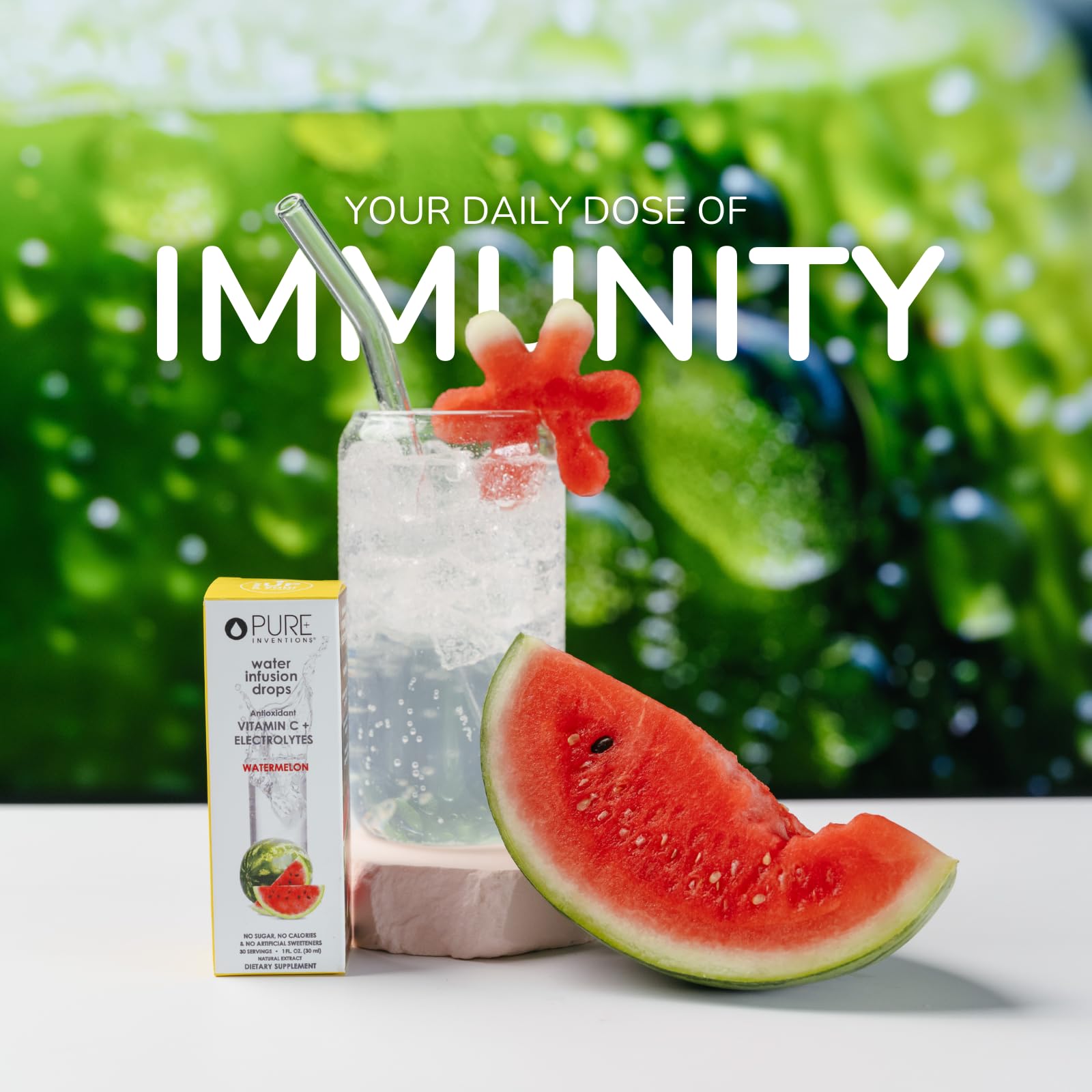 Pouring Pure Inventions Water Infusion Drops into a glass for flavorful hydration