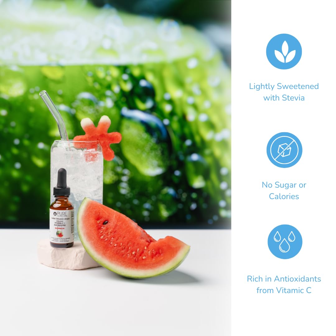 Close-up of Pure Inventions Water Infusion Drops in a glass of watermelon water