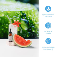 Close-up of Pure Inventions Water Infusion Drops in a glass of watermelon water
