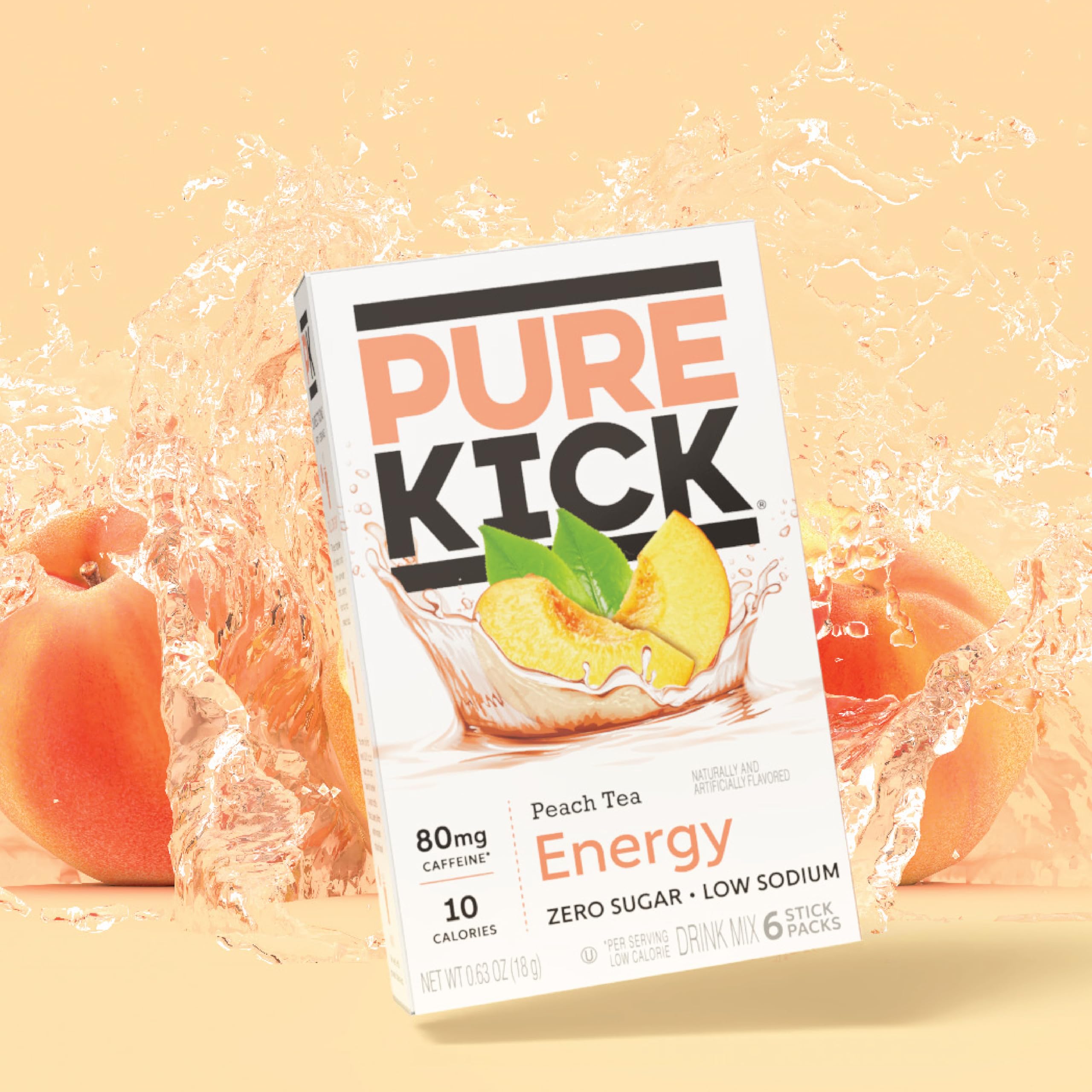 Pure Kick energy singles ready for on-the-go use in a pantry or office.