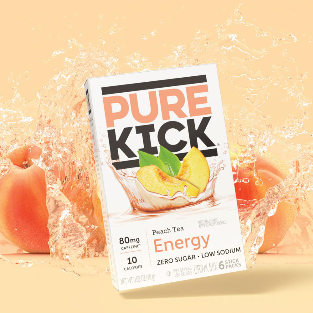 Pure Kick energy singles ready for on-the-go use in a pantry or office.