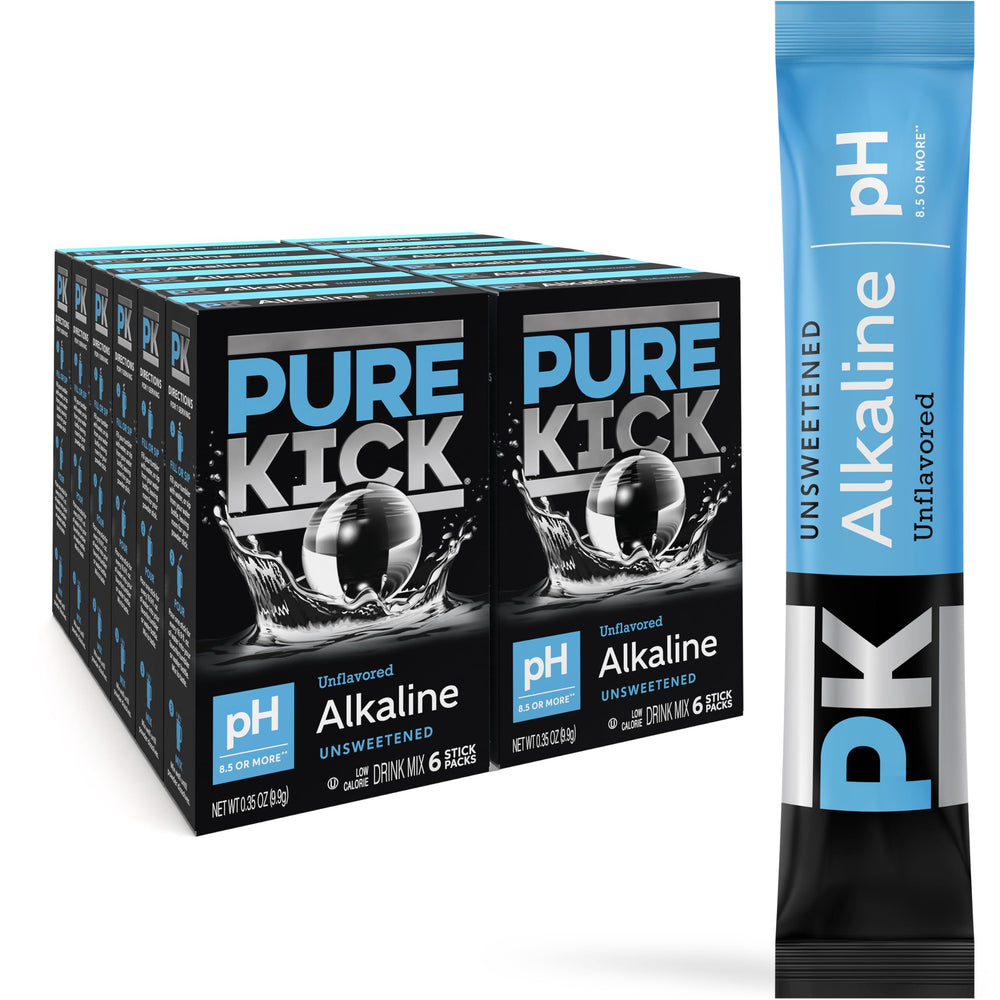Pure Kick Alkaline box packaging ready for on-the-go hydration.