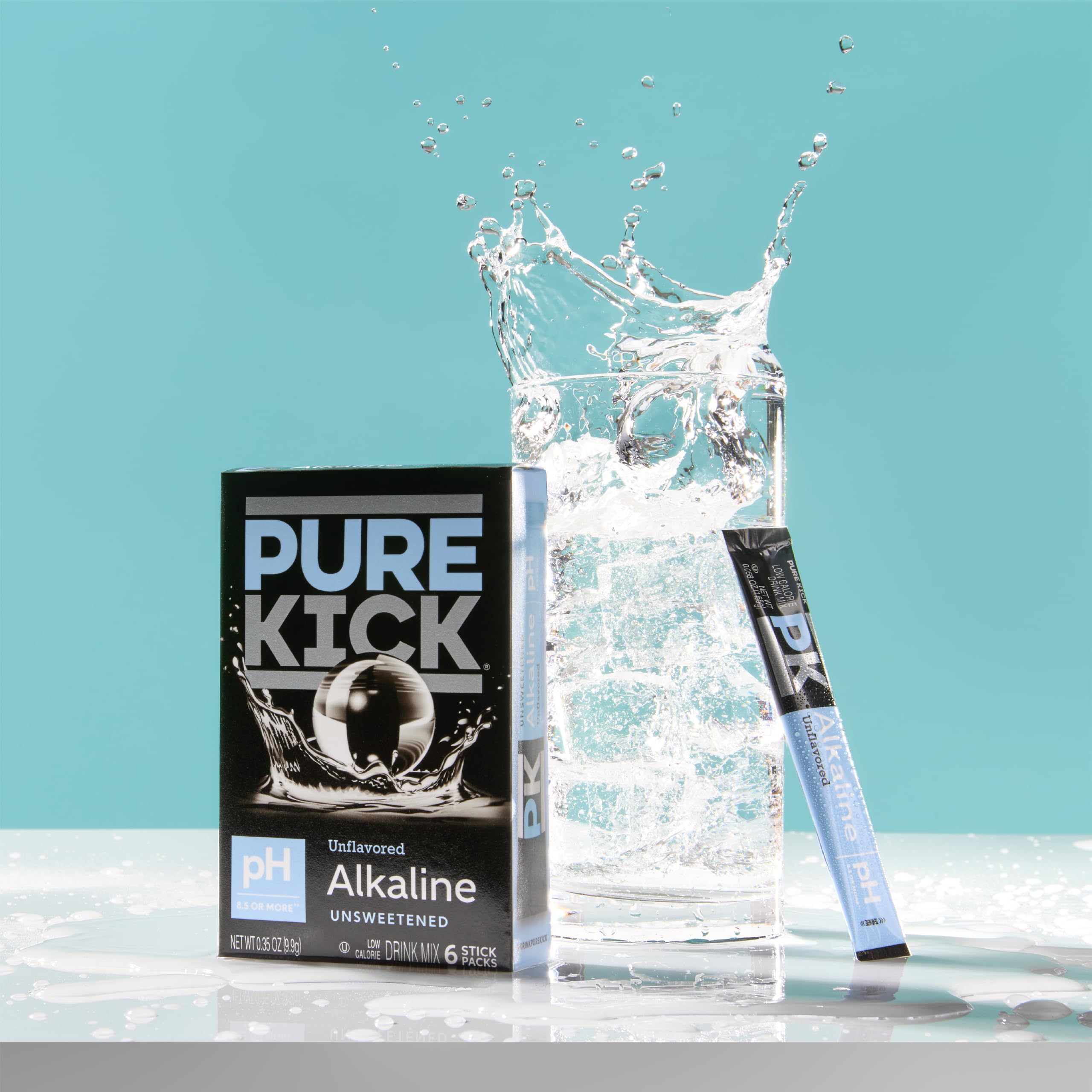 Close-up of Pure Kick Alkaline packets for easy use.