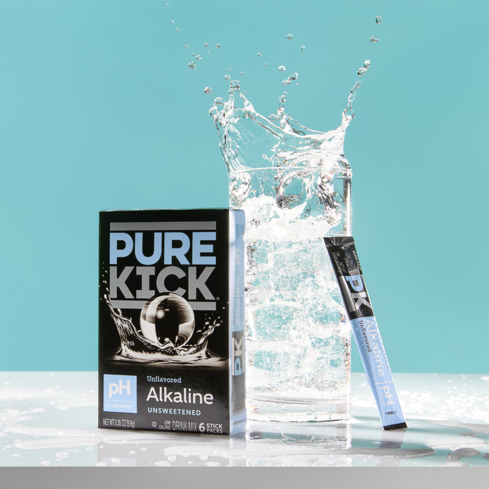 Close-up of Pure Kick Alkaline packets for easy use.
