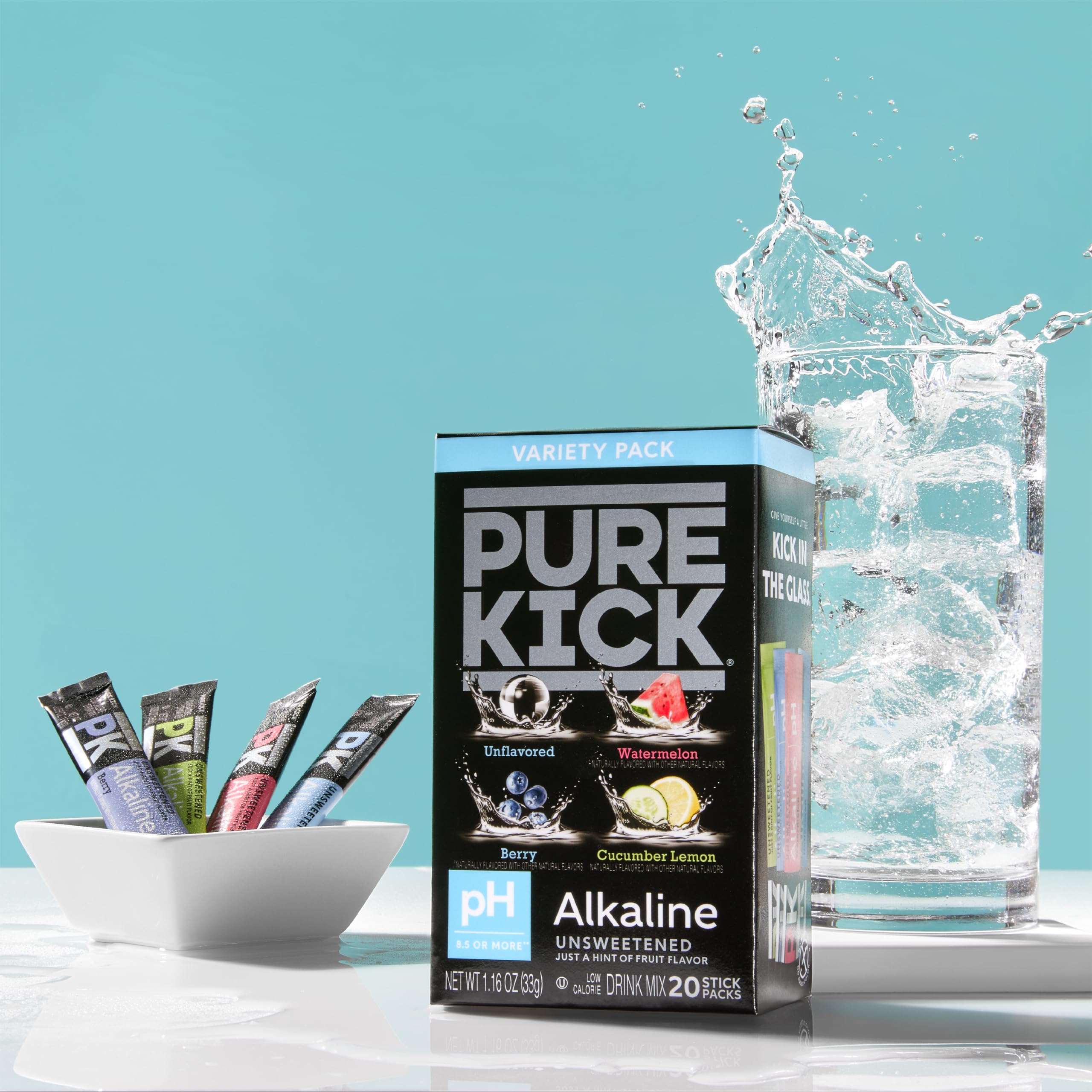 Pure Kick Alkaline variety pack box showing four flavor options for everyday hydration.