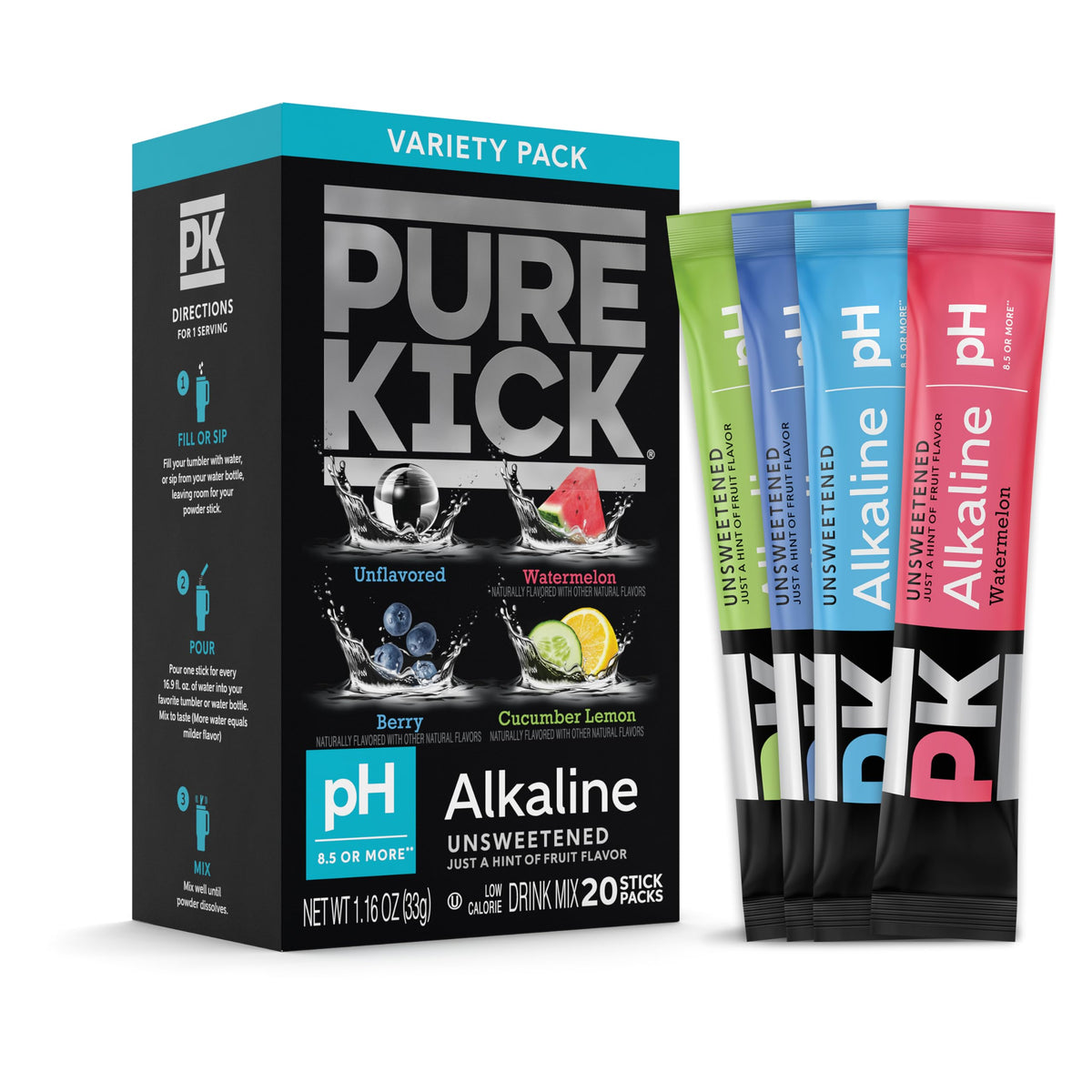 Pure Kick Alkaline watermelon packet for on-the-go hydration and smoother water.