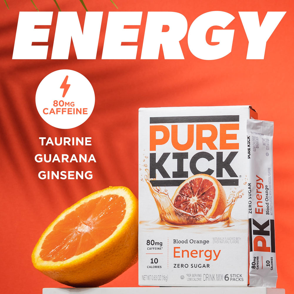 A ready-to-drink Pure Kick Blood Orange mix in water for a refreshing sip.