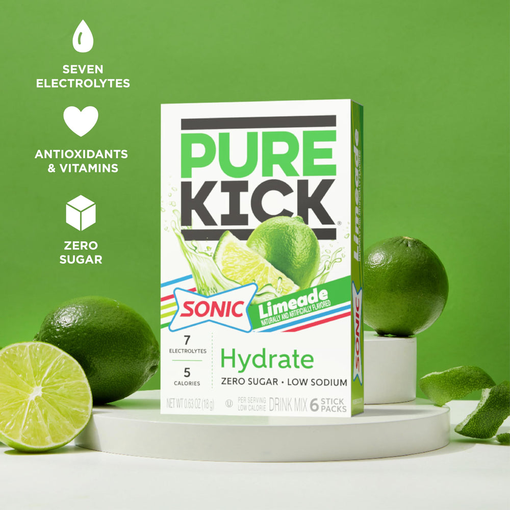 PURE KICK box display showing 12 boxes of hydration packets in store.
