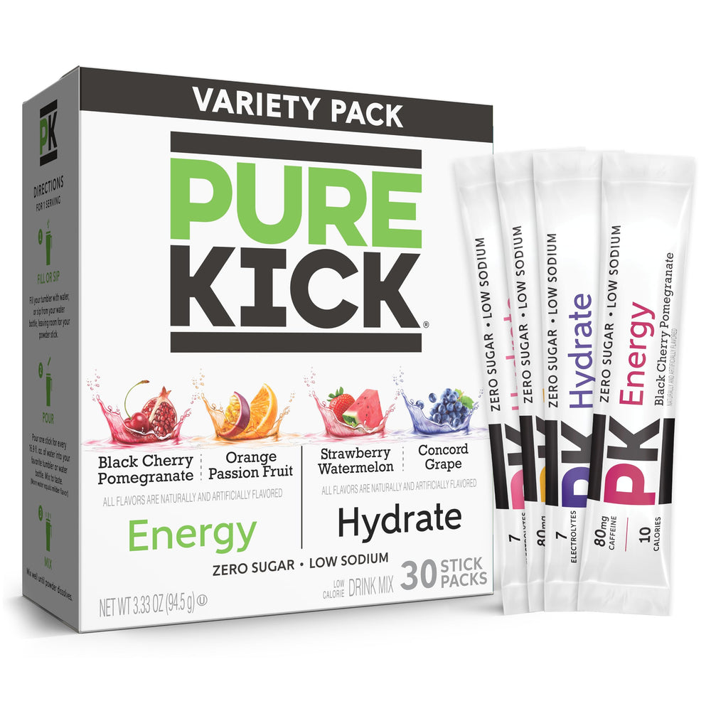 Pure Kick energy and hydrate variety pack front view for on-the-go fueling