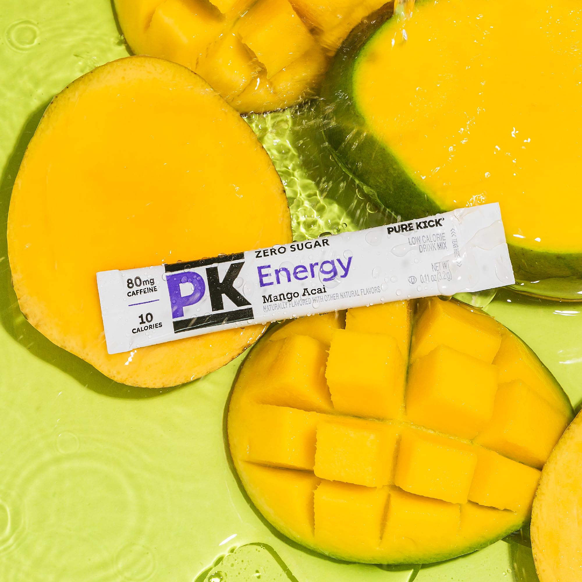 Pure Kick mango acai flavor logo, aroma and tropical profile promised.