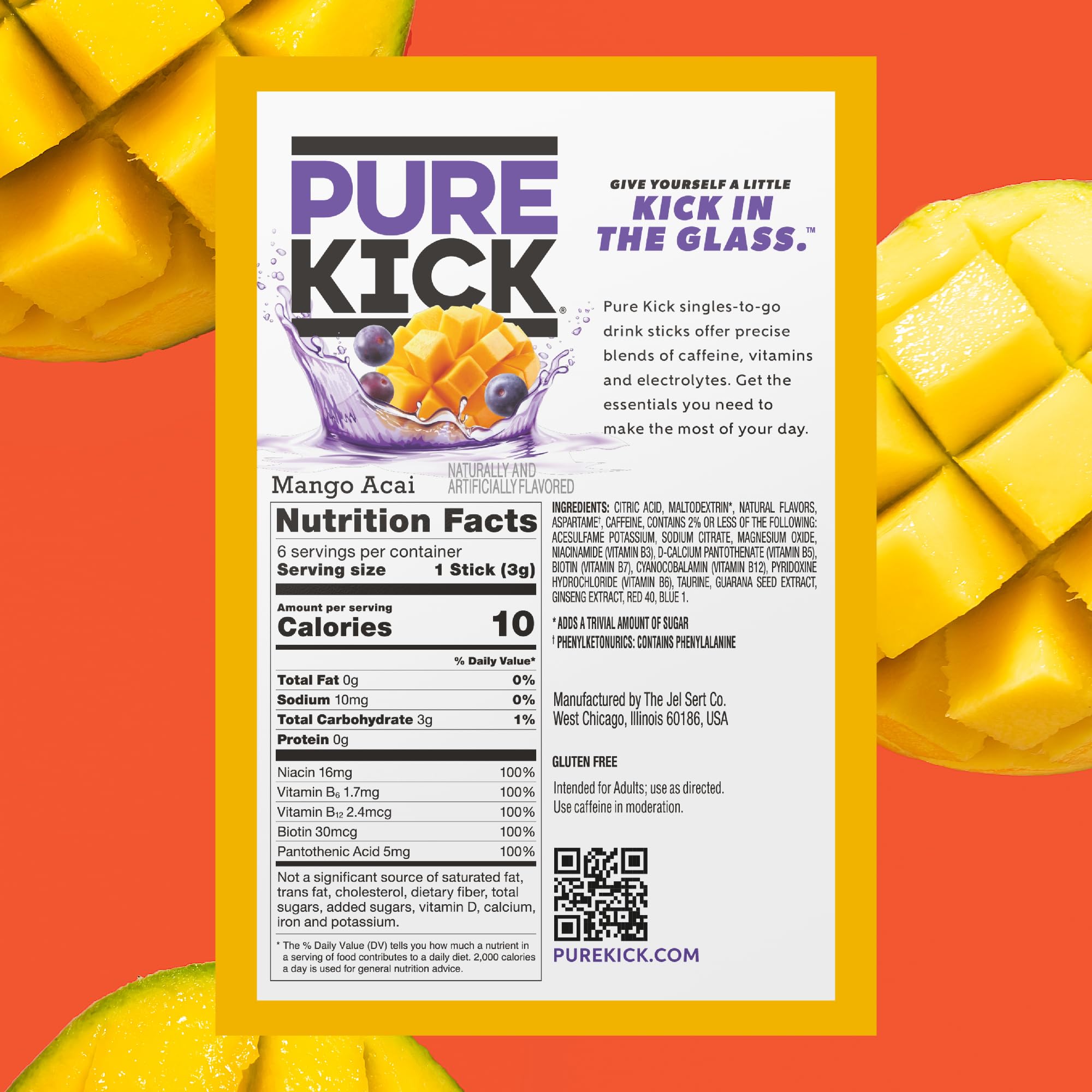 Pure Kick energy single stick packet close-up, single-serving portion for quick mix.