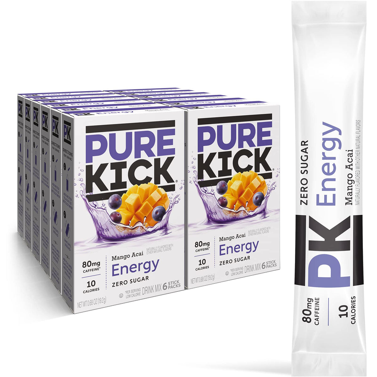 Pure Kick mango acai box set, convenient 12-box bundle for on-the-go fueling.