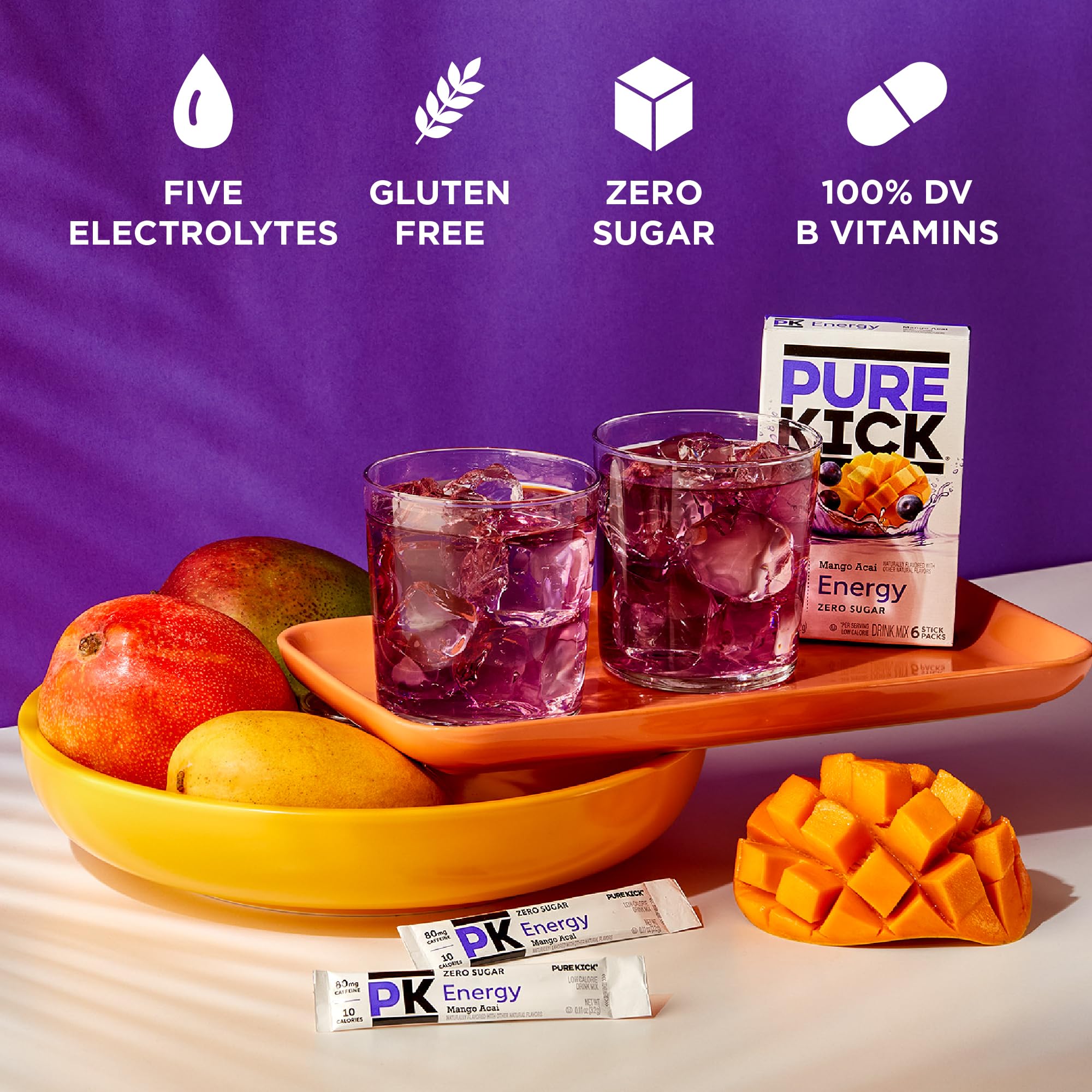 Pure Kick nutrition label on box highlighting zero sugar and vitamins.