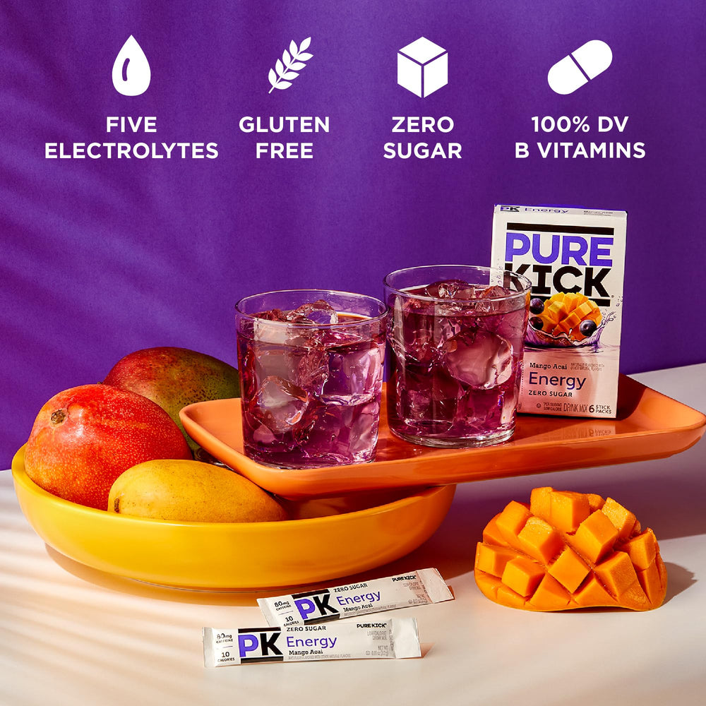 Pure Kick nutrition label on box highlighting zero sugar and vitamins.