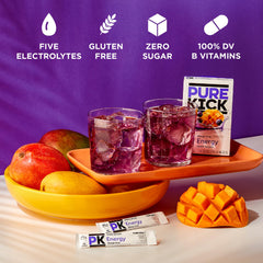 Pure Kick nutrition label on box highlighting zero sugar and vitamins.