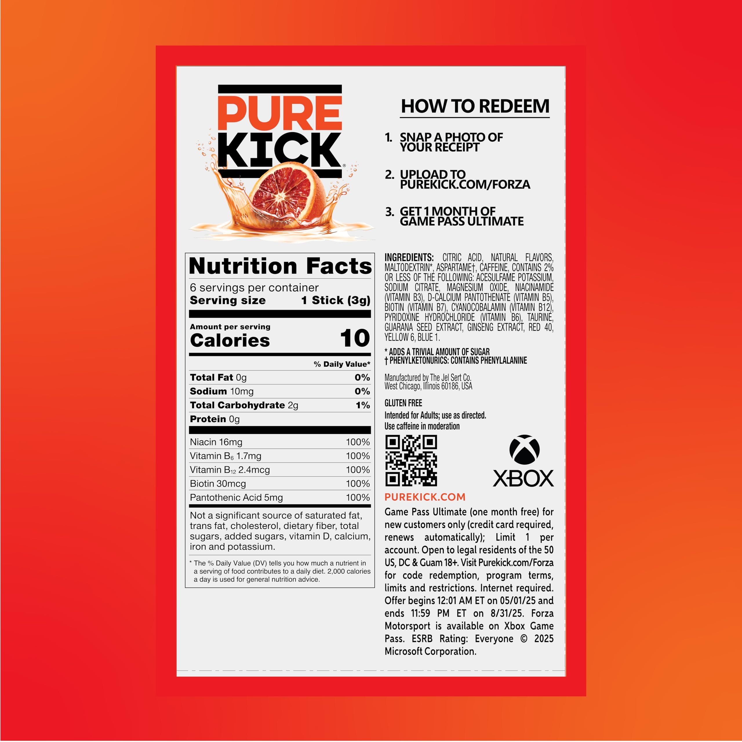 Pure Kick Blood Orange Energy packet dissolving in water for quick mixability.