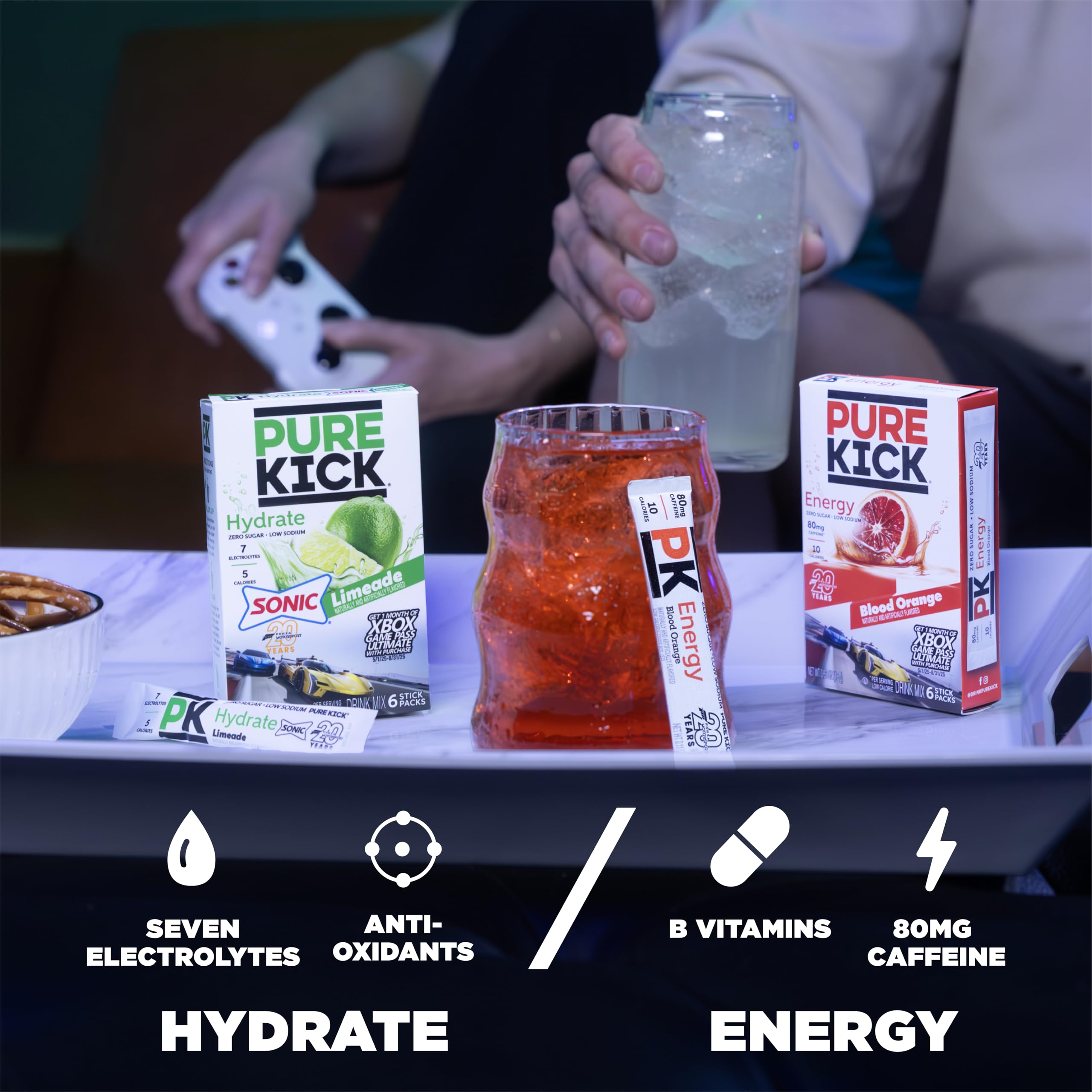 Pure Kick Forza Fuel energy mix in water for convenient on-the-go use.