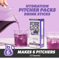 Pure Kick glass with pitcher serving Concord Grape hydration.