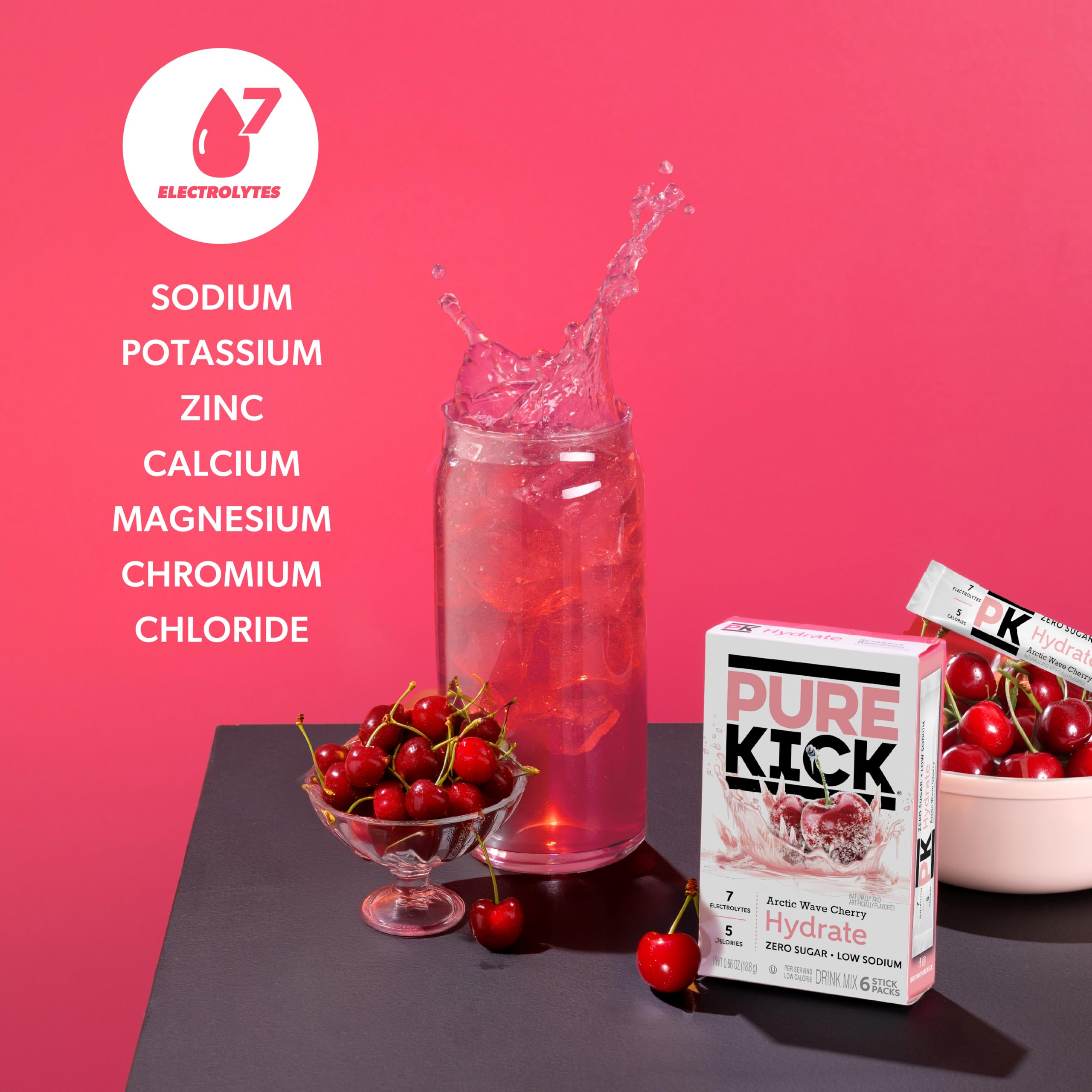 Pure Kick Hydration Arctic Wave Cherry label highlights electrolytes and zero sugar