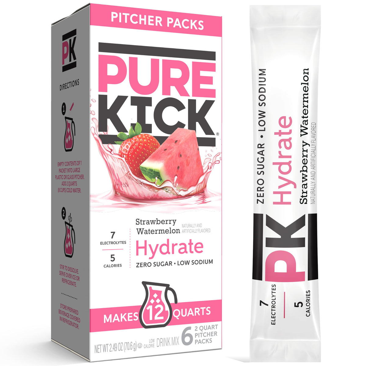Pure Kick Hydration Pitcher Pack with strawberry watermelon, ready to pour.