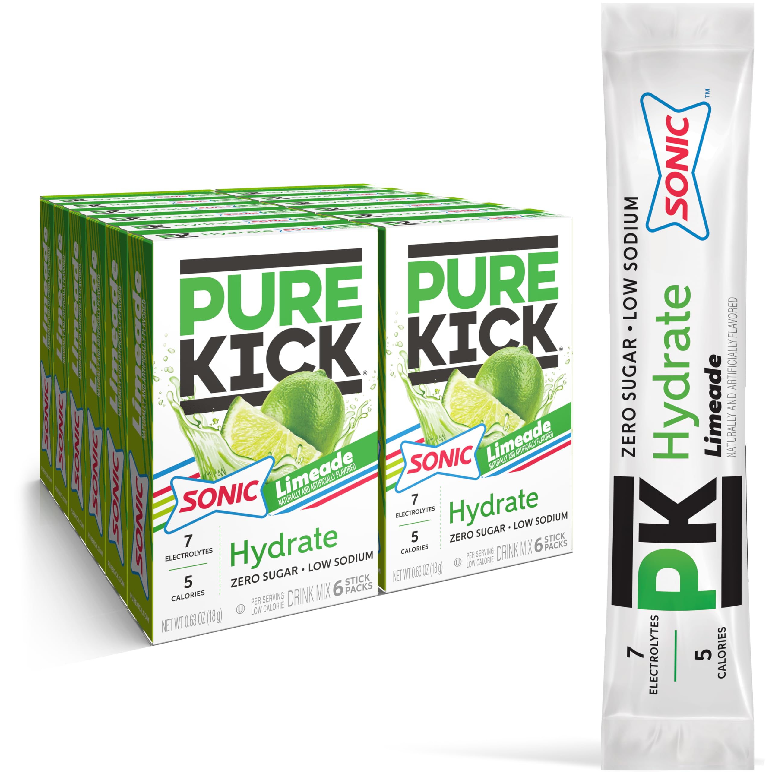 PURE KICK Sonic Limeade hydration packet poured into a water bottle for a refreshing boost.