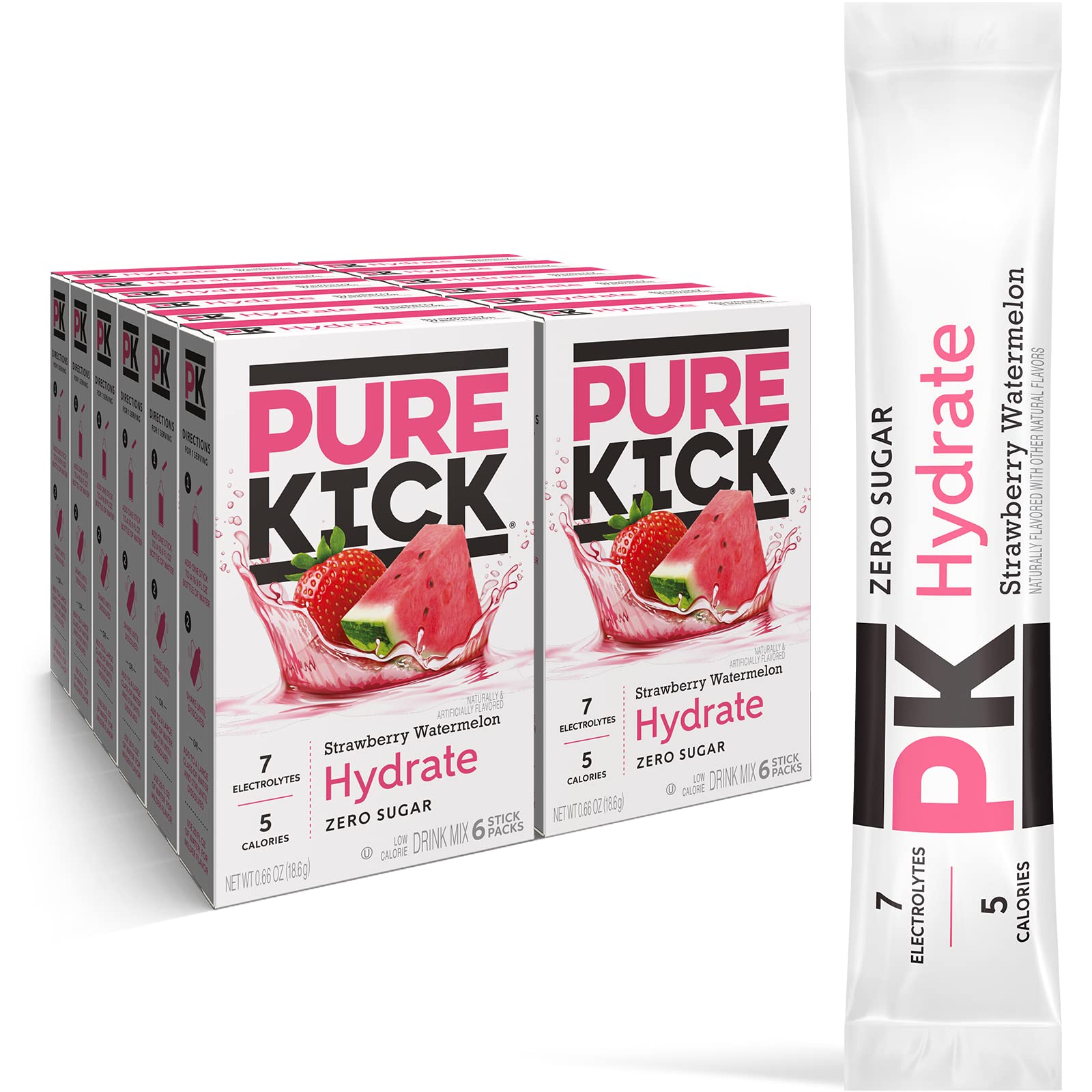 Pure Kick hydration packet opened for a strawberry watermelon flavor boost