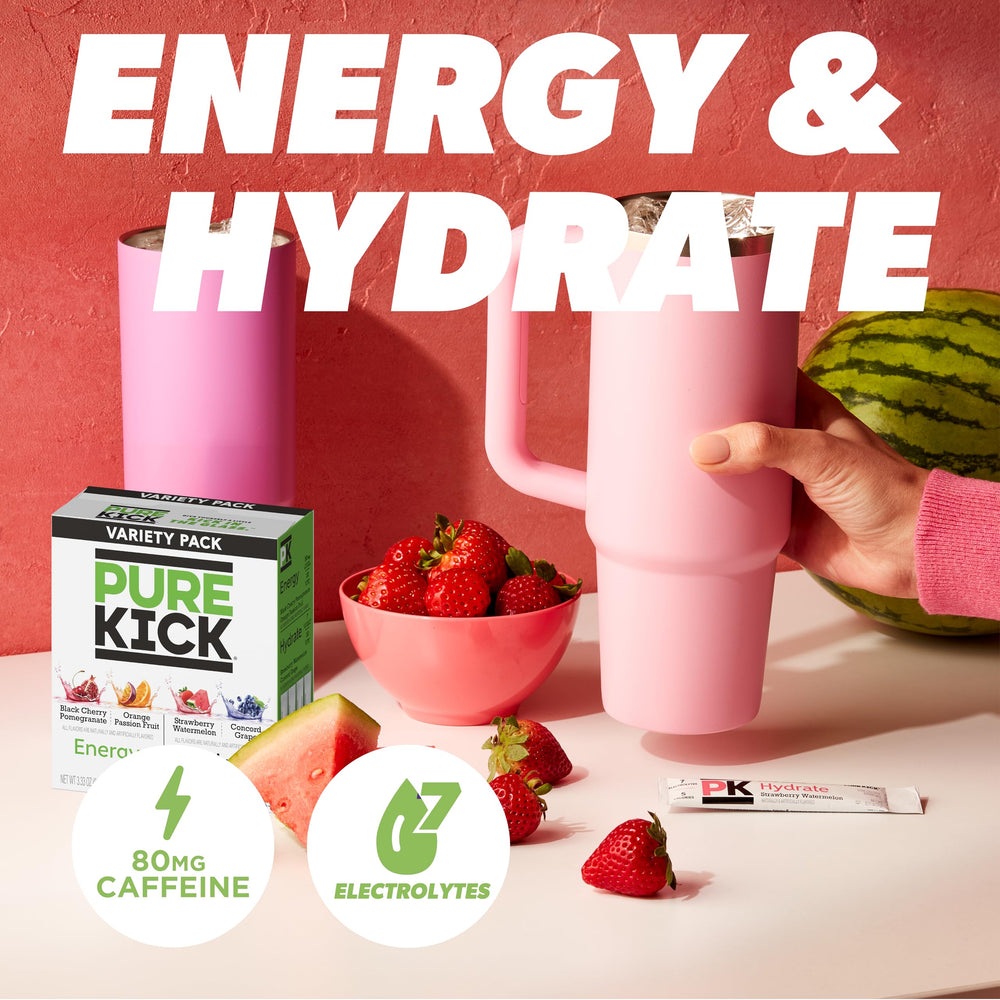 Pure Kick orange passion fruit singles pack ready to mix for a refreshing boost