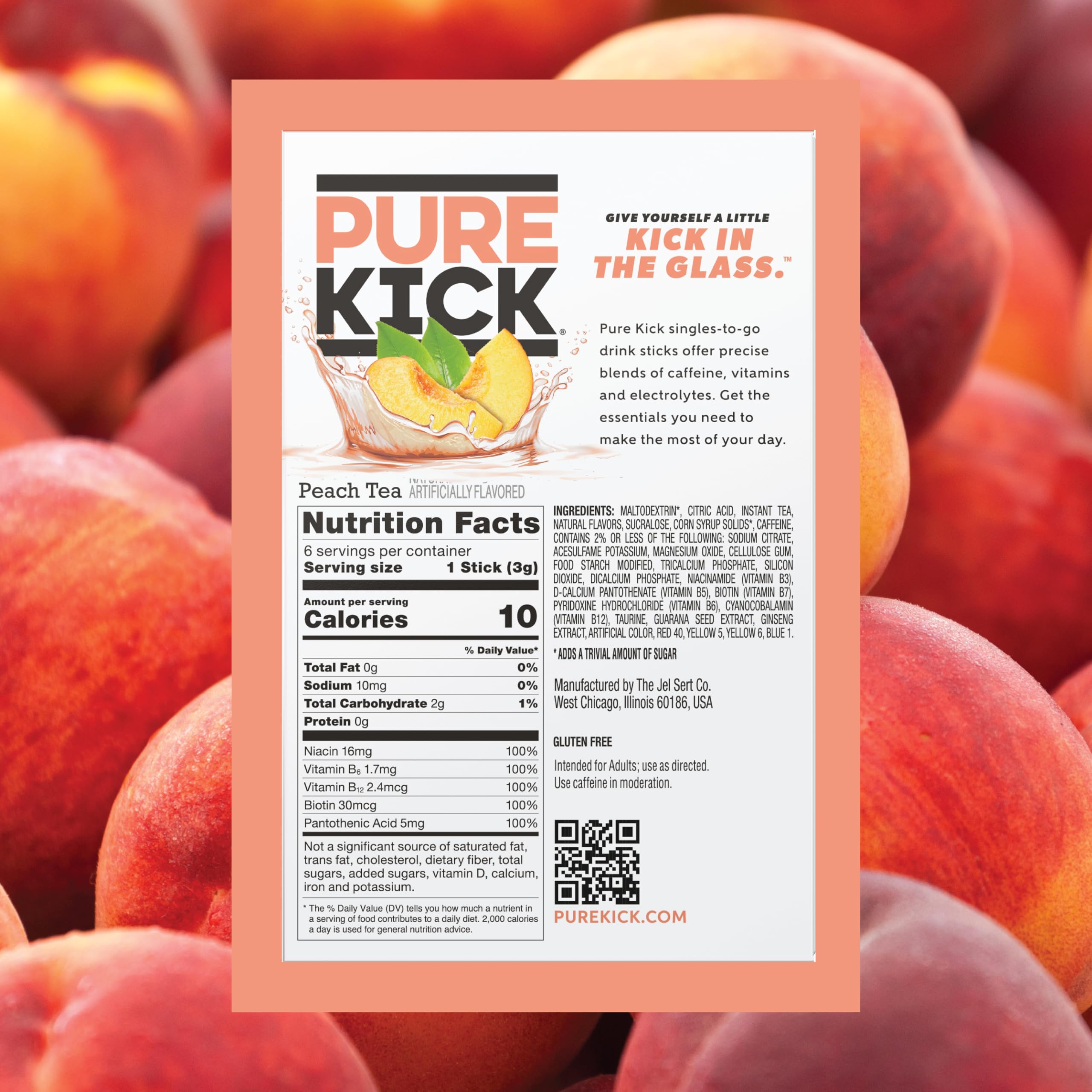 PURE KICK Peach Tea close-up, highlighting bold aroma and zero sugar.