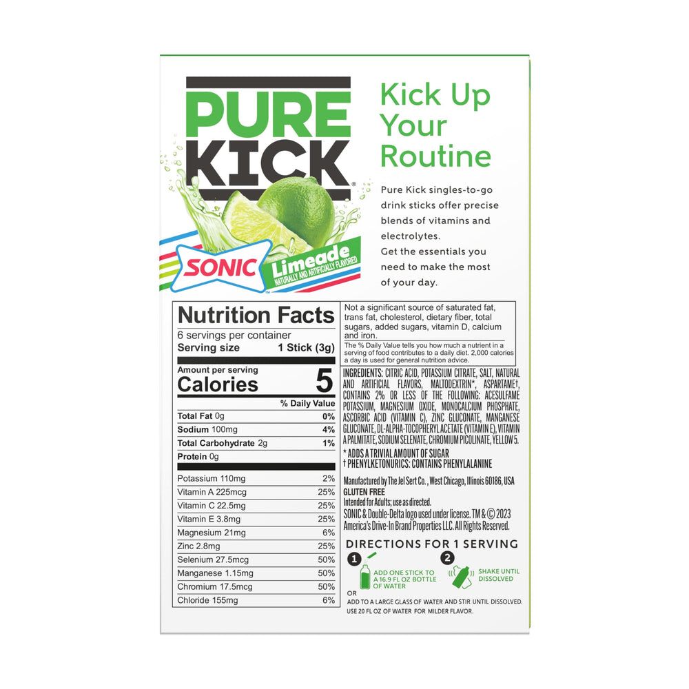 Pure Kick Sonic Limeade glass with ice shows refreshing, zesty lime flavor served cold.