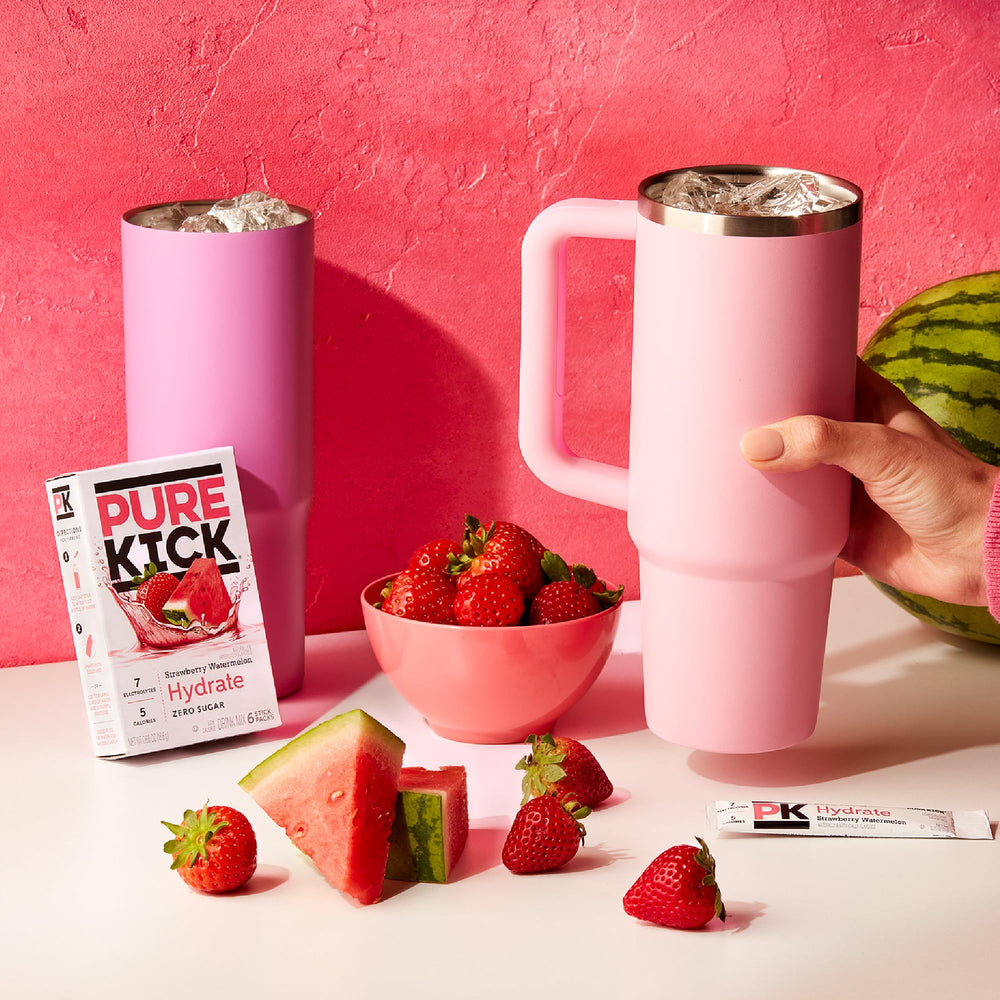 Pure Kick strawberry watermelon flavor in a glass for easy hydration