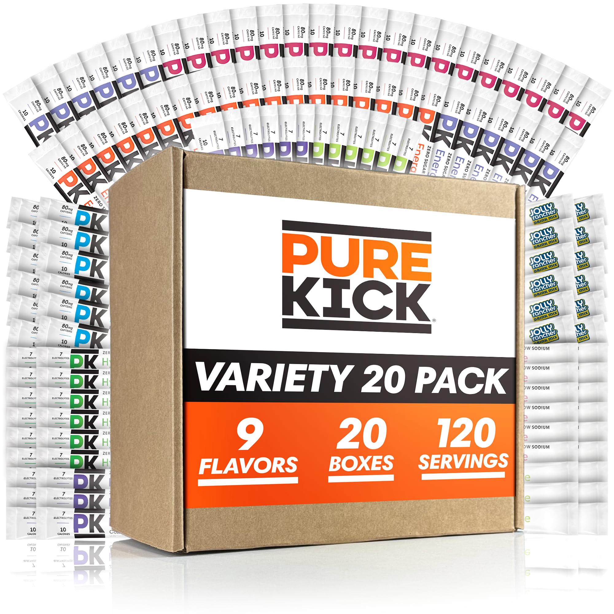 Pure Kick Ultimate Variety Pack box shows nine flavors for versatile hydration