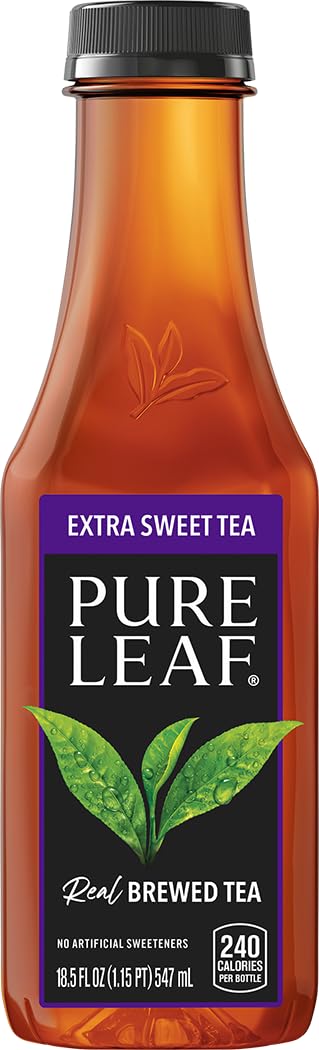 Pure Leaf Iced Tea bottle close-up showing real tea leaves and sweetness