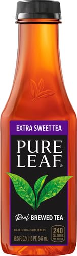 Glass with ice and Pure Leaf Iced Tea bottle on a sunny day