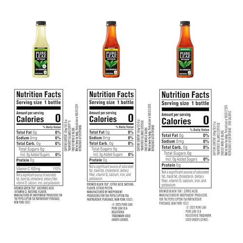 Pure Leaf unsweetened black tea bottle on shelf, bold leaf-brewed flavor.