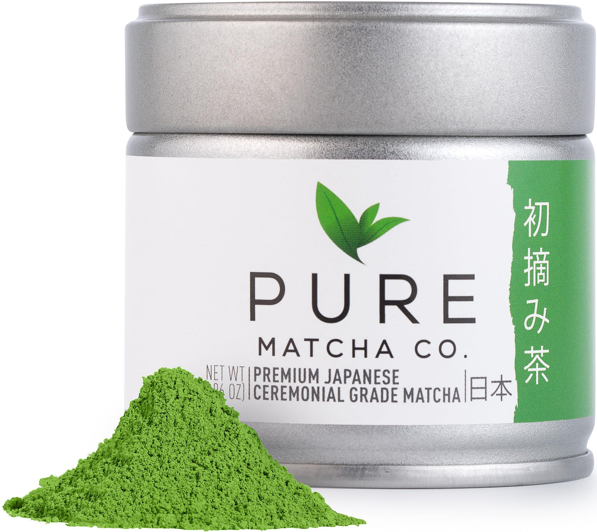 Pure Matcha Co ceremonial grade tin front shows premium packaging for freshness