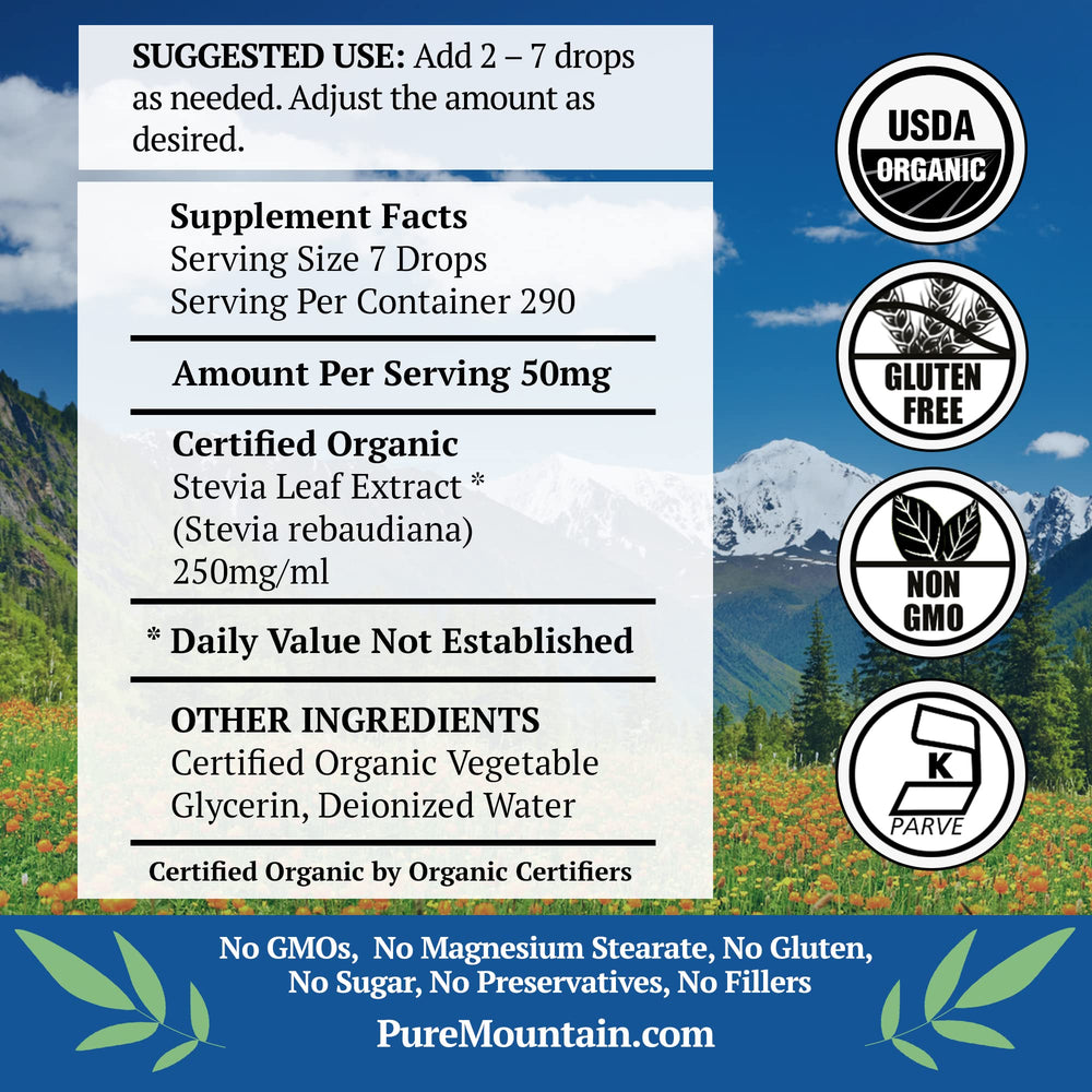 Pure Mountain Botanicals Liquid Stevia Drops being dispensed to taste sweetness